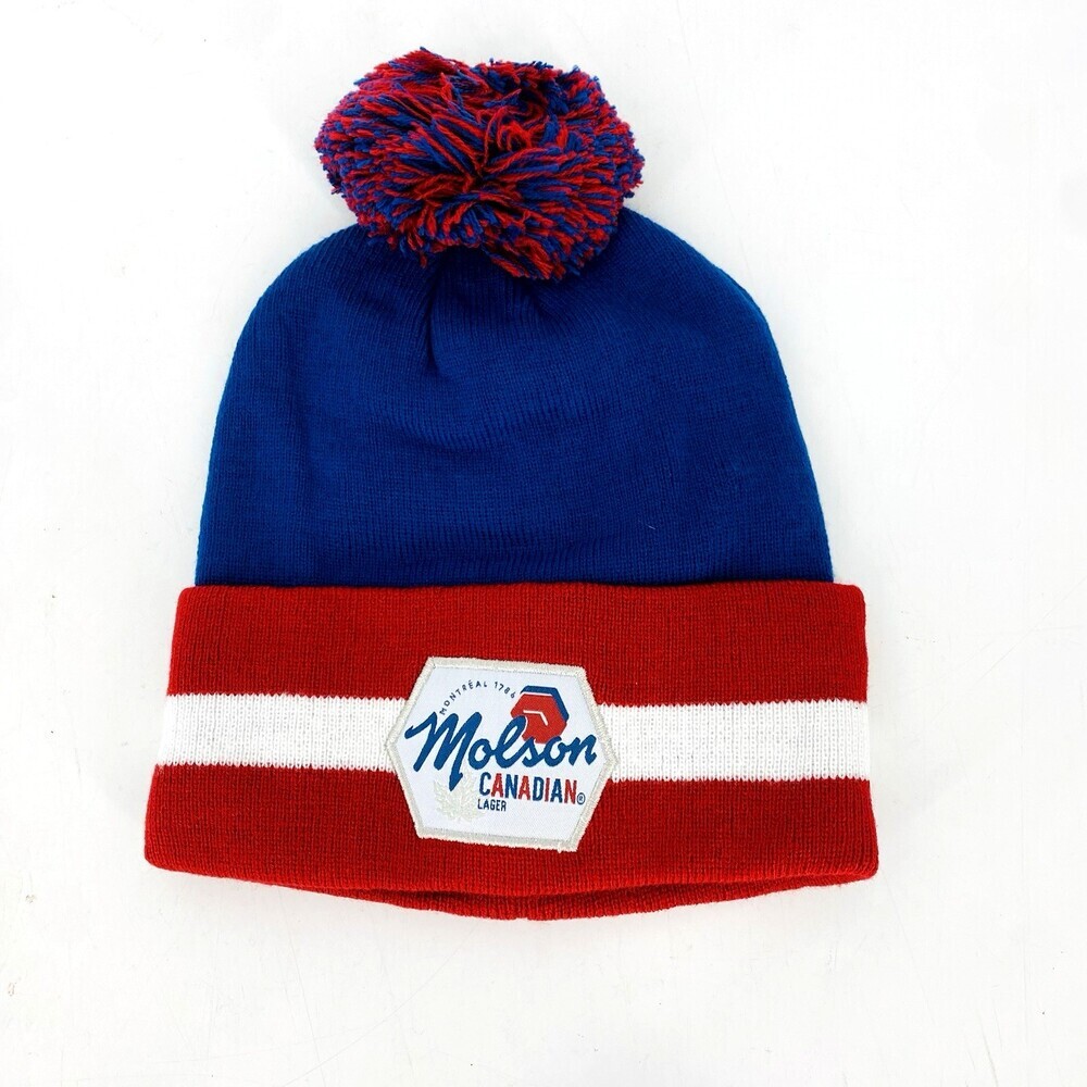 NEW Molson Canadian Lager Beer Patch Pom Pom Beanie Hat Navy Red White Striped